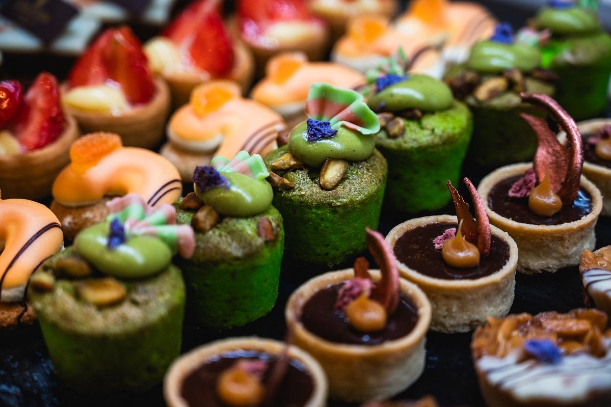 The buffet includes a selection of treats, from gateaux and tarts to mousses and cakes.