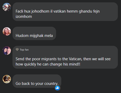 Some of the comments underneath a news report about Pope Francis meeting migrants. Photo: Facebook