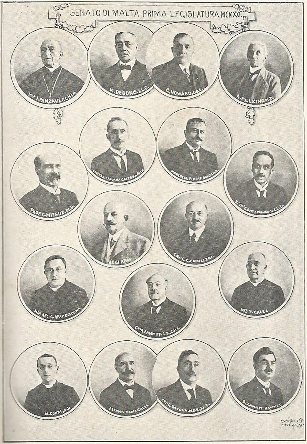 The 17 members of the Senate in 1921. Mgr Panzavecchia is first from the left in the top row.