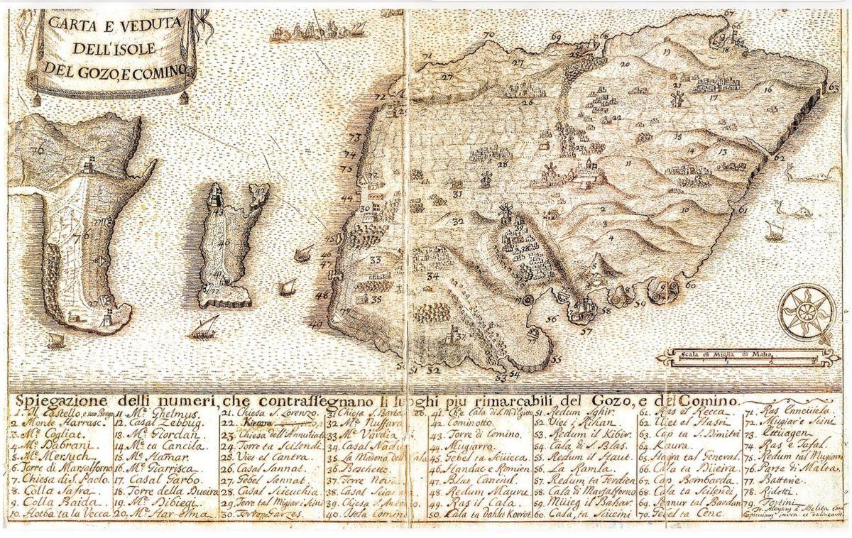 <em>Carta e Veduta Dell&rsquo;Isole Del Gozo e Comino</em>. The title of a map of Gozo found in Agius de Soldanis&rsquo;s manuscript <em>Il Gozo Antico-Moderno e Sacro-Profano</em> (Libr. MS 145) preserved at the National Library of Malta.