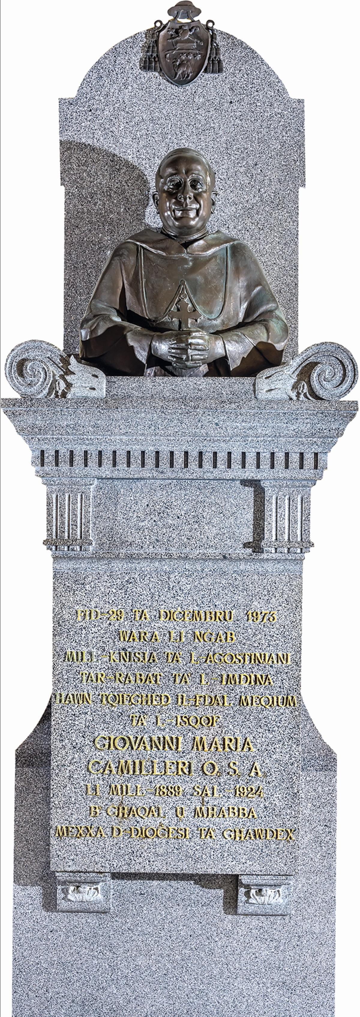 The marble and bronze monument erected at the Gozo Cathedral that holds the mortal remains of Bishop Giovanni Maria Camilleri, OSA. Photo: Daniel Cilia