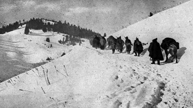 The Serbian retreat through the Albanian mountains, 1915.