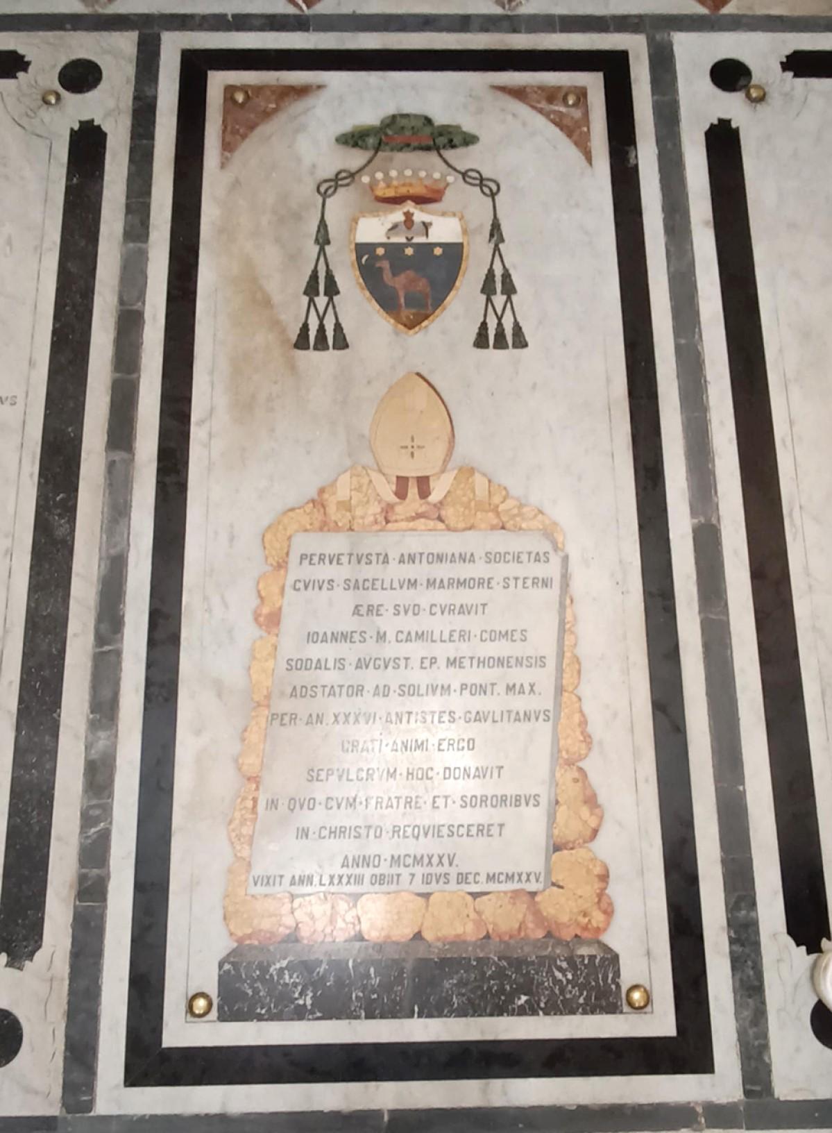 The marble slab and epitaph that covers the tomb in which Bishop Camilleri was originally buried in St Mark&rsquo;s church, Rabat.