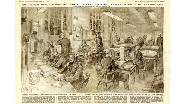 An illustration of the Information Room at Scotland Yard, which appeared in The Illustrated News on December 15, 1945.