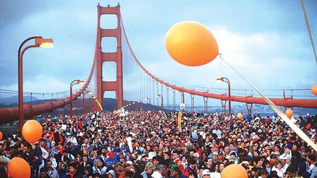 People gathered on Golden Gate Bridge on the 50th anniversary in 1985.